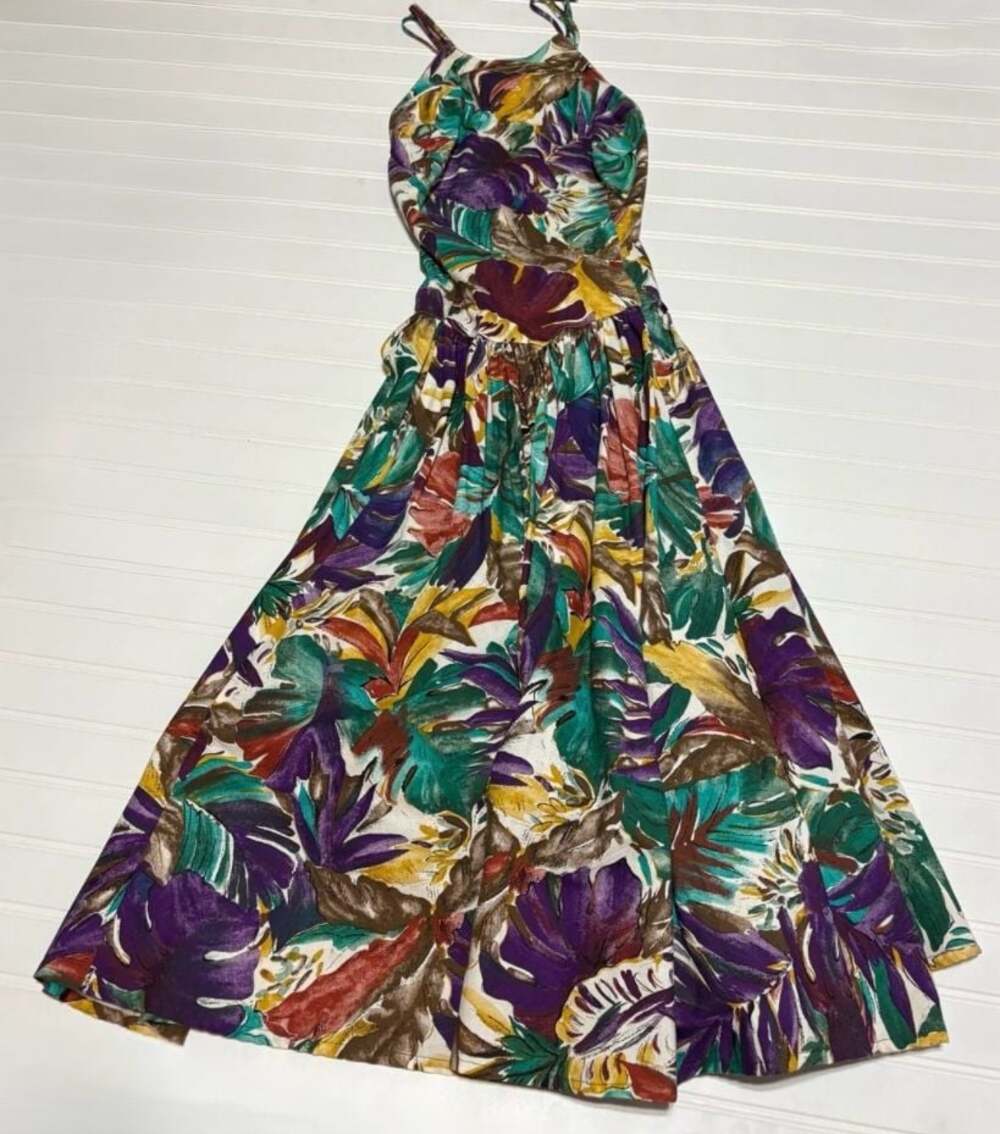 Vintage Geary Roark Kamisato Tropical Floral Print Cotton Maxi Dress Size 14 - Picture 1 of 9
